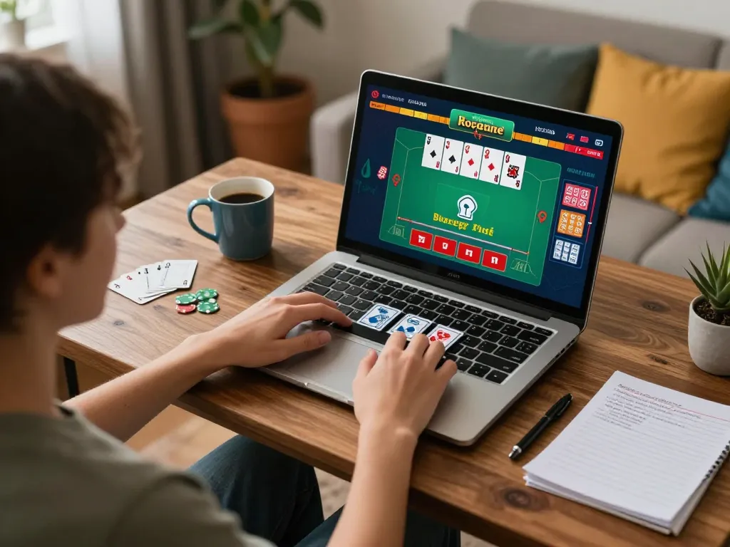 Engaging in a debet online blackjack game with strategy notes and comfortable home setup
