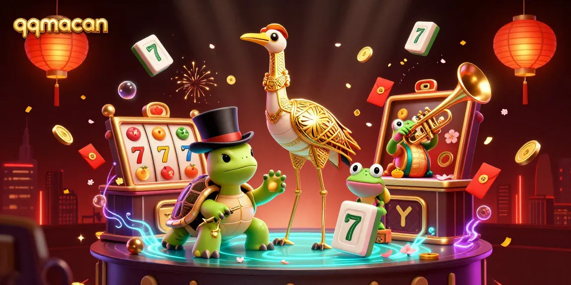Experience the rush of qqmacan with a vibrant 3D casino scene featuring slot reels and winning symbols.