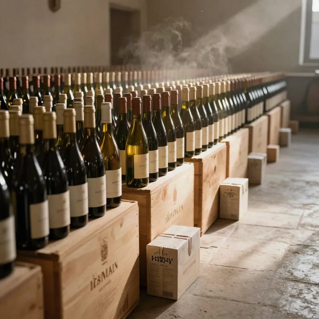 Bottiglie di vino finite in cantina, casse di sughero e vapore leggero, in fila ordinata
