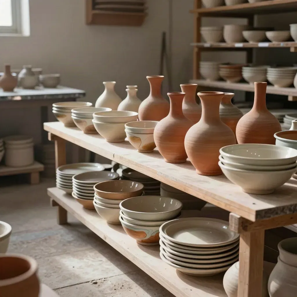 Scaffali di ceramica toscana con pezzi finiti, argilla grezza e luce calda filtrata