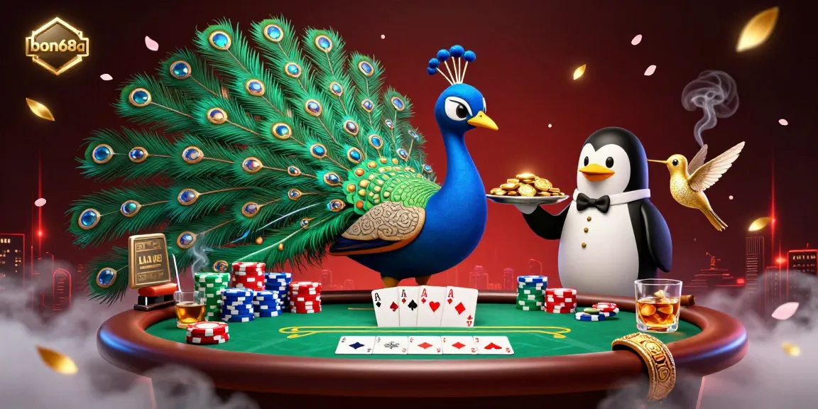 Engage in high stakes with bon68a's animated scene featuring a peacock, poker elements, and vibrant casino atmosphere.
