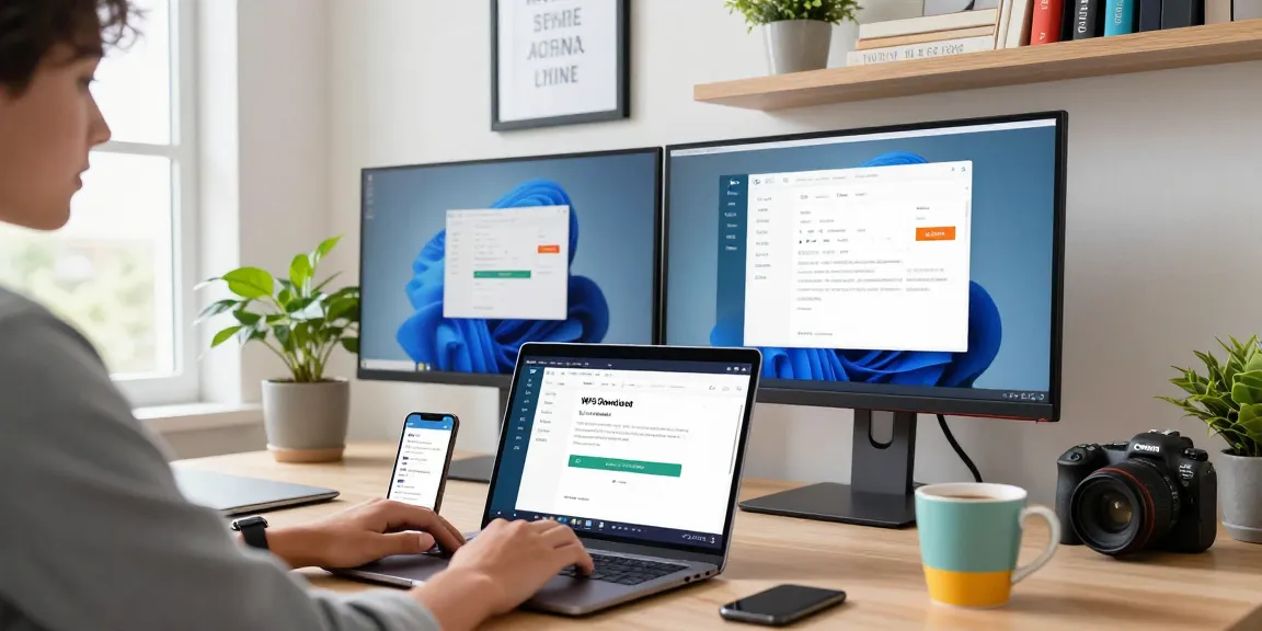 WPS Download page on a laptop in a modern digital workspace, showcasing downloading process and tech tools.