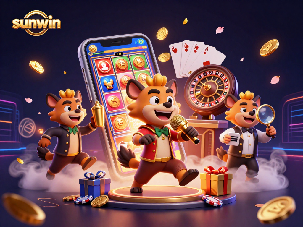 Experience thrilling gameplay at Sunwin with hyena characters in a vibrant casino scene.