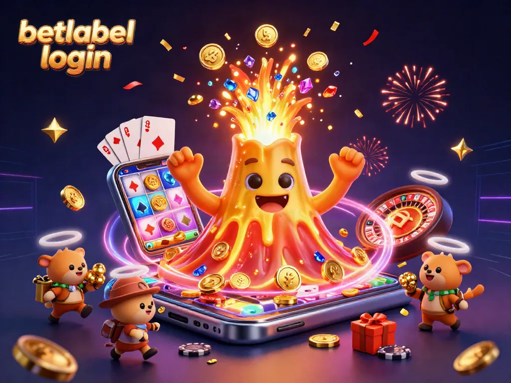 Betlabel login: Spin the reels and win treasures in a dynamic casino scene with golden erupting volcano.