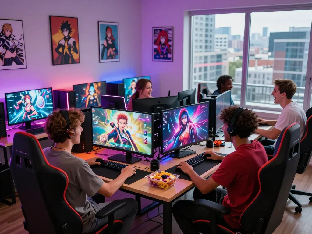 Friends enjoying hentai games in a vibrant gaming setup with colorful lights and city view.