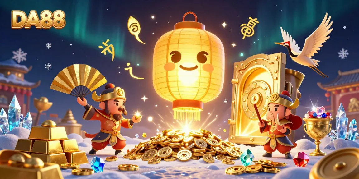 DA88 showcases a vibrant casino scene centered around a golden lantern spirit, surrounded by jewels and winning treasure