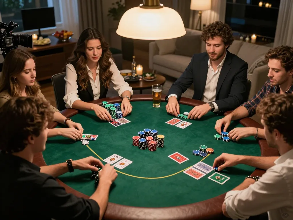 Friends strategizing in an intense poker night at home, showcasing vibrant chips and cards in action, five88 gamified