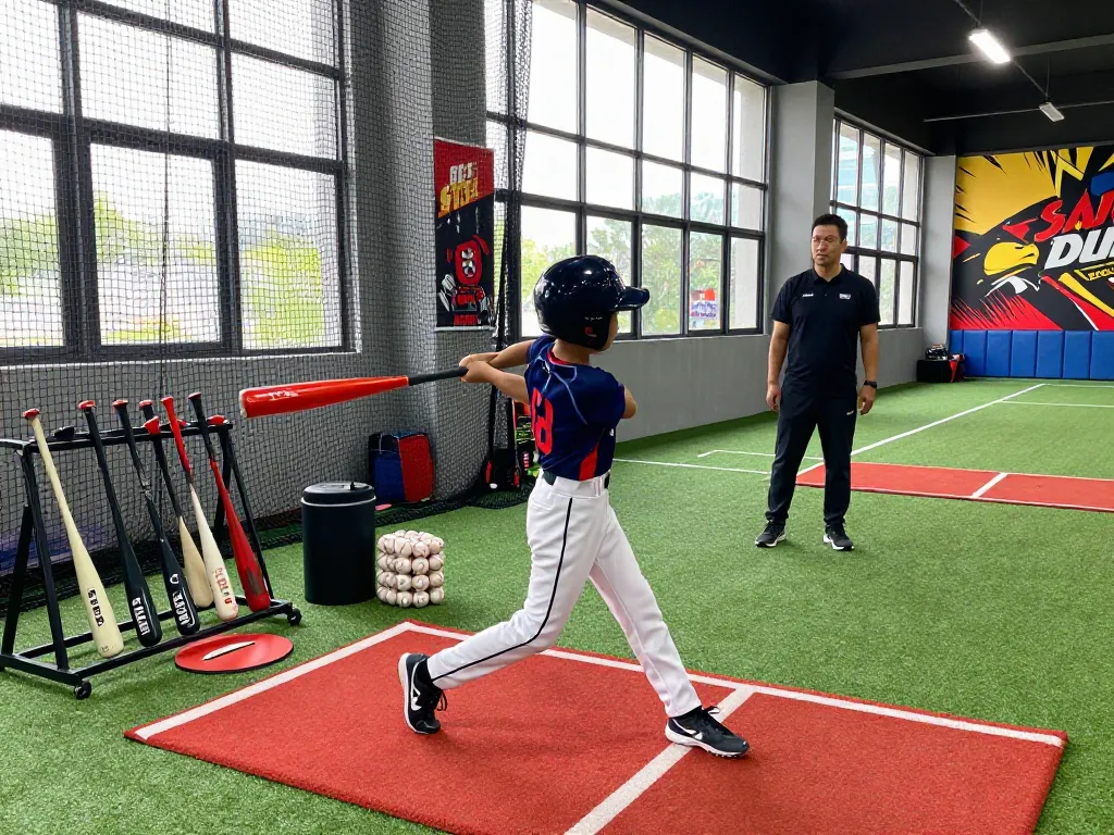 Youth athlete training at hitclub indoor baseball facility, practicing swing techniques with equipment and motivational backdrop.