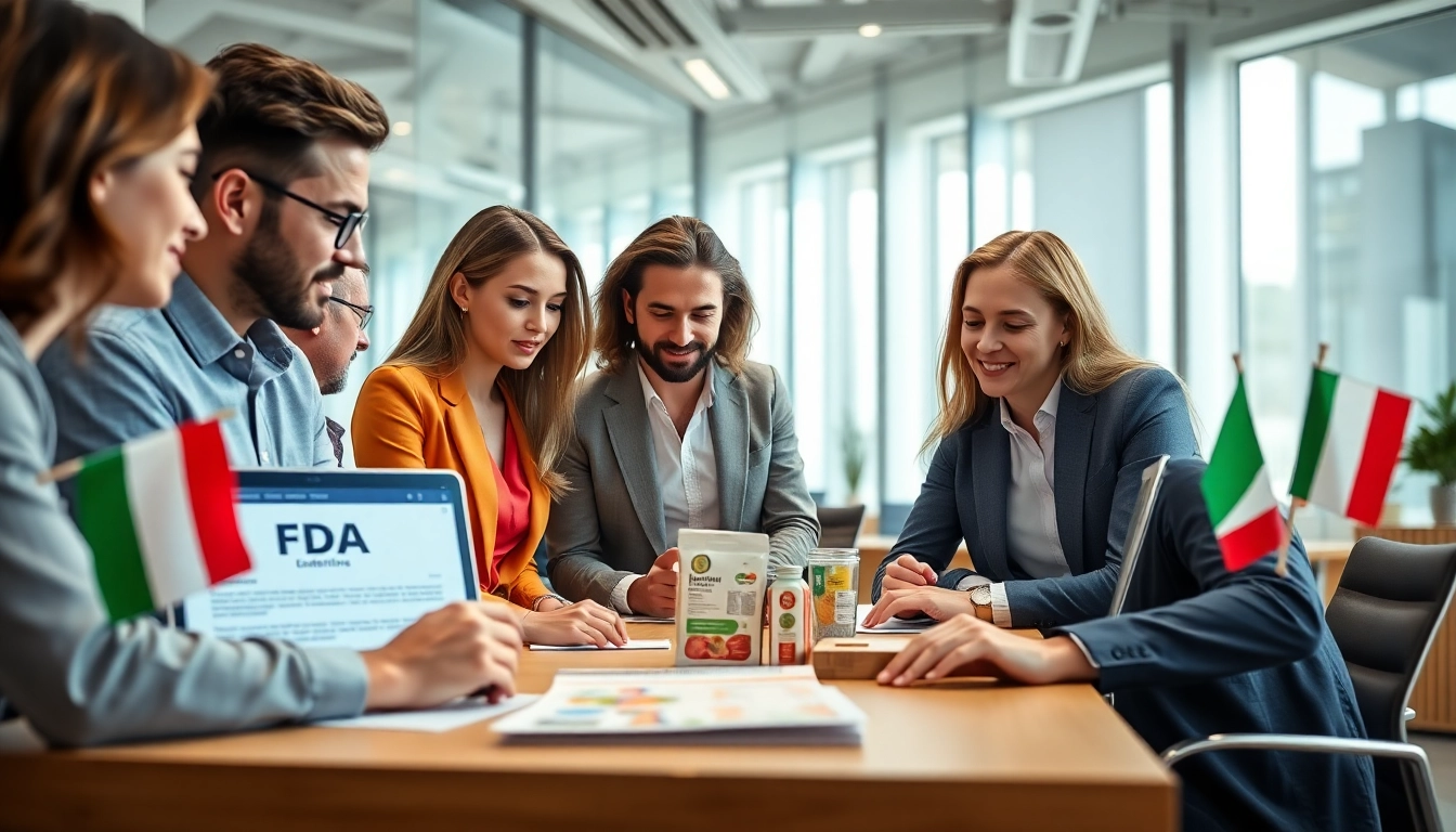 Registrazione FDA alimenti italiani: team collaborativo che esamina norme e confezioni alimentari.