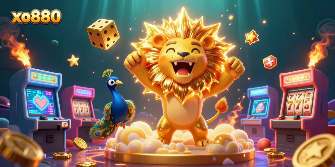 Experience thrilling gameplay with xo880, featuring a roaring lion and casino elements in vibrant 3D.