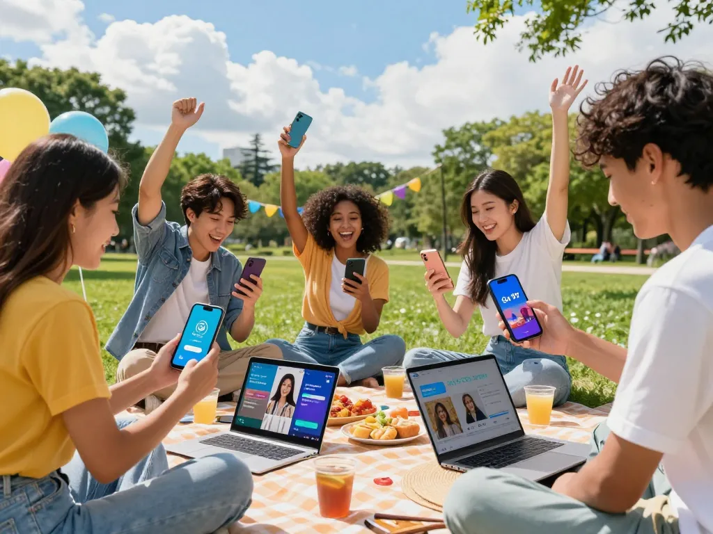 Young friends enjoying outdoor gathering while using Go 99 plans on their smartphones.
