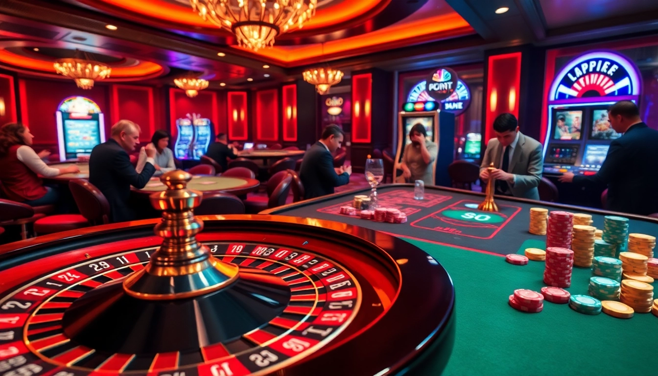 Gamblers enjoying a vibrant casino atmosphere with lu88-focused games and excitement.
