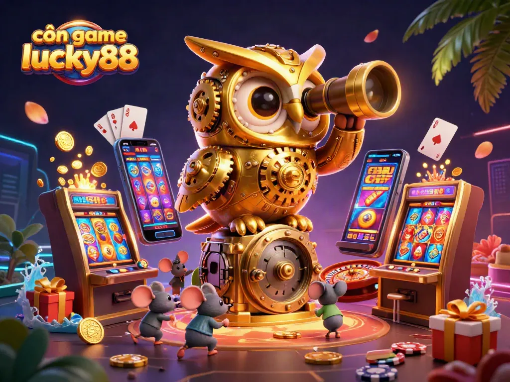 Cổn game lucky88 showcases a vibrant casino scene with a golden owl and animated elements highlighting exciting slot gaming.