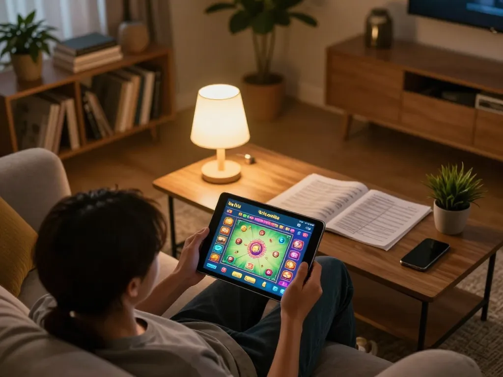 Engaging with the app tài xỉu online on a cozy tablet setup in a warm living room.
