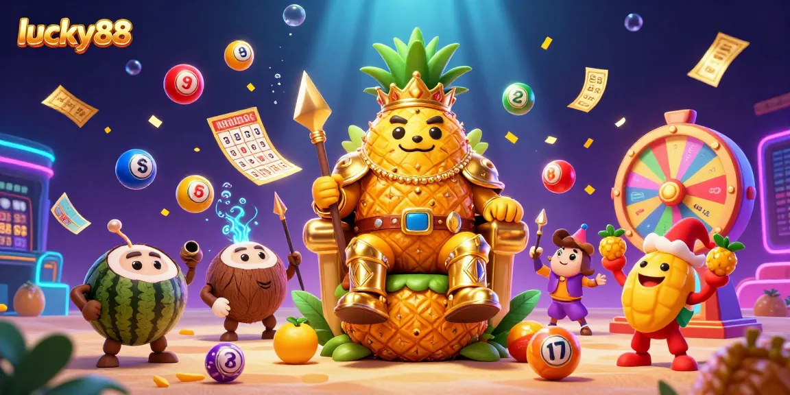 Engage with lucky88's vibrant casino atmosphere featuring a golden pineapple king surrounded by fun lottery elements.