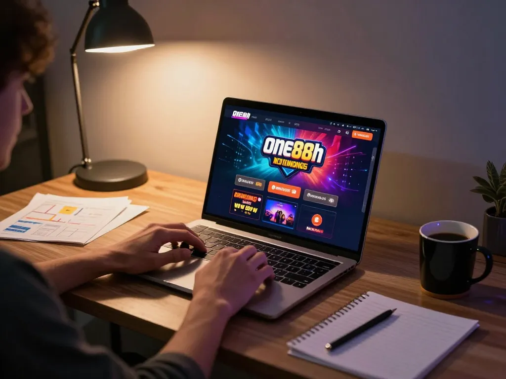 Engaging player using one88h platform on laptop with casino graphics in a cozy home setting.