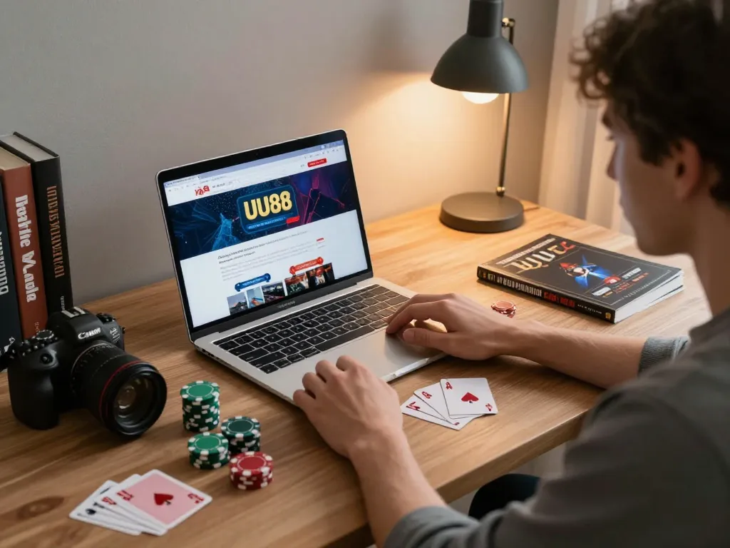 UU88 user engaging in online betting with poker cards and chips on a stylish home desk