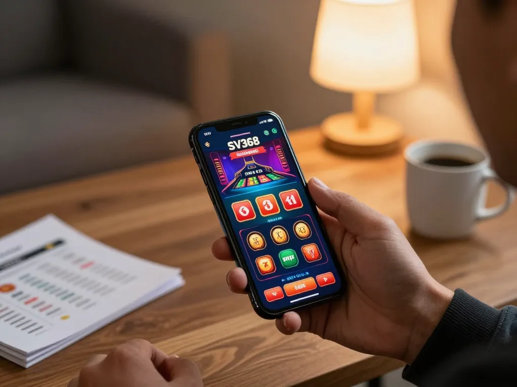 Engaging with the SV368 casino app for online gaming strategies in a cozy home setting.