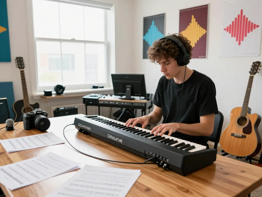 Musician playing the GO 88 digital piano in a bright music studio, surrounded by instruments and creative decor.