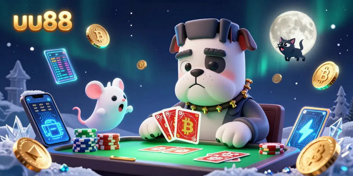 Experience thrilling card games at uu88 featuring a Frankenstein bulldog dealer, floating ghost mouse, and illuminated crypto coins.