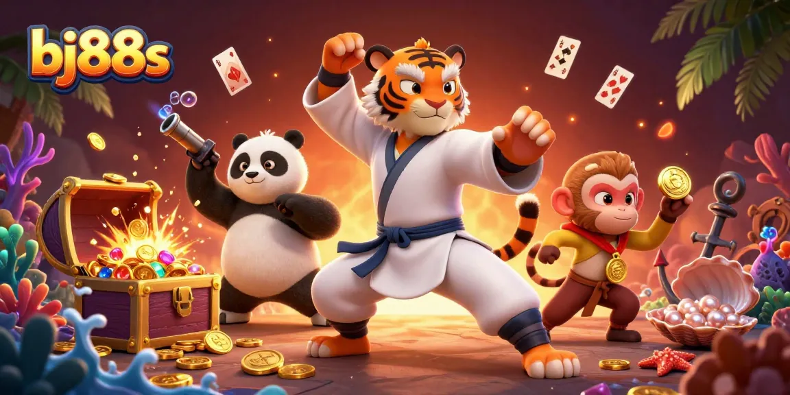Experience exciting ginblling with bj88s where a kung fu tiger teaches a panda as a monkey steals treasures!