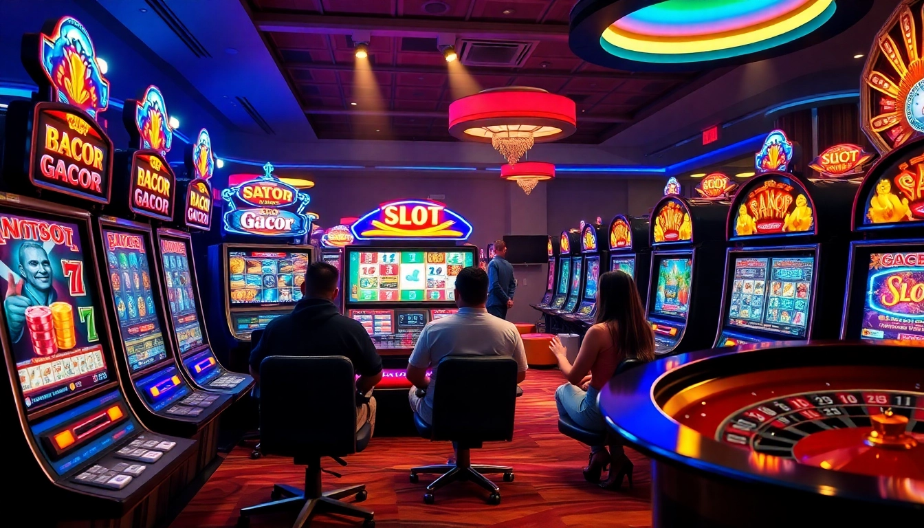 Energetic gambling scene featuring slot gacor players celebrating wins with vibrant machines and roulette.