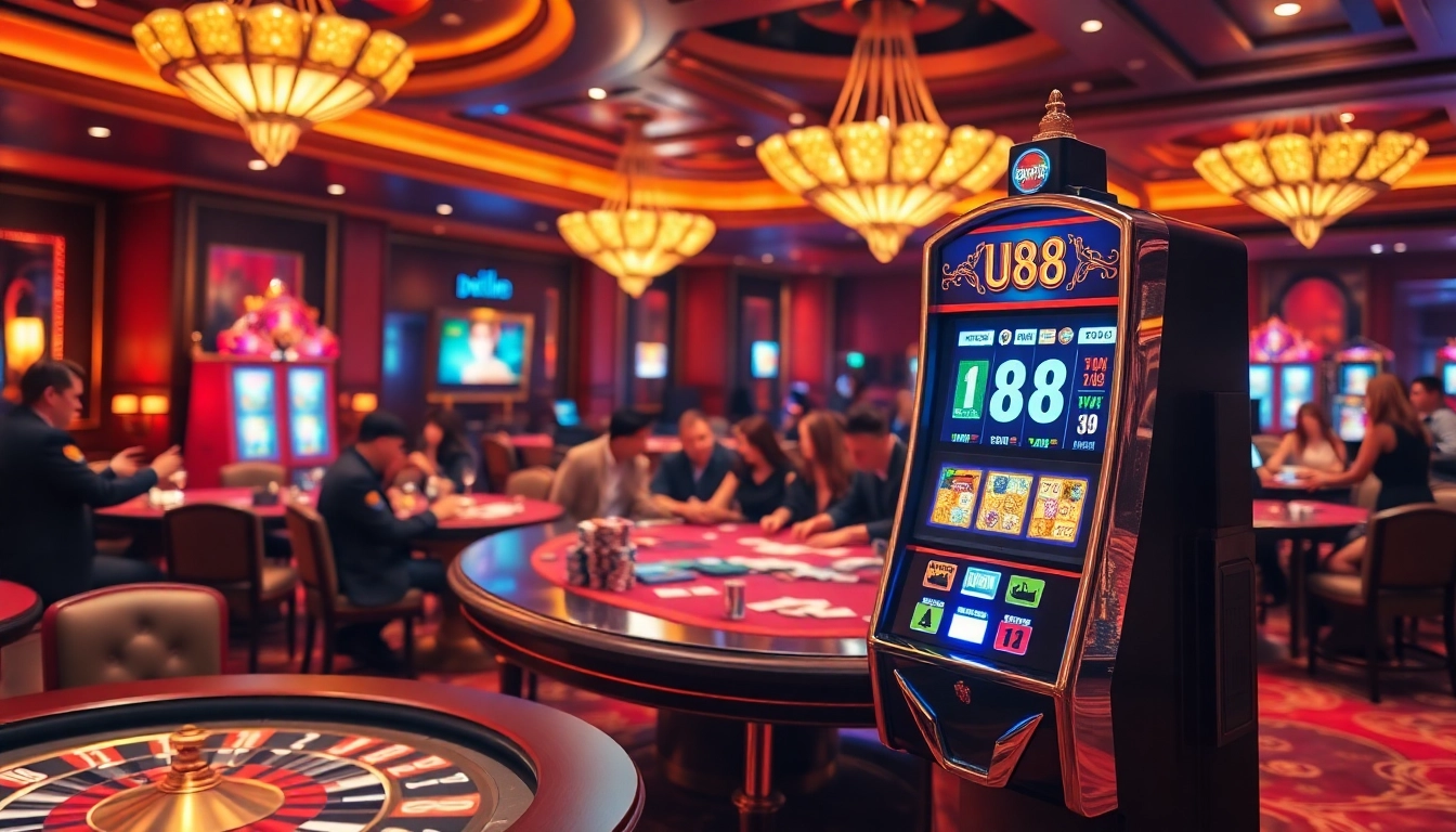 Players rolling dice and spinning the U88 slot machine in a vibrant casino atmosphere