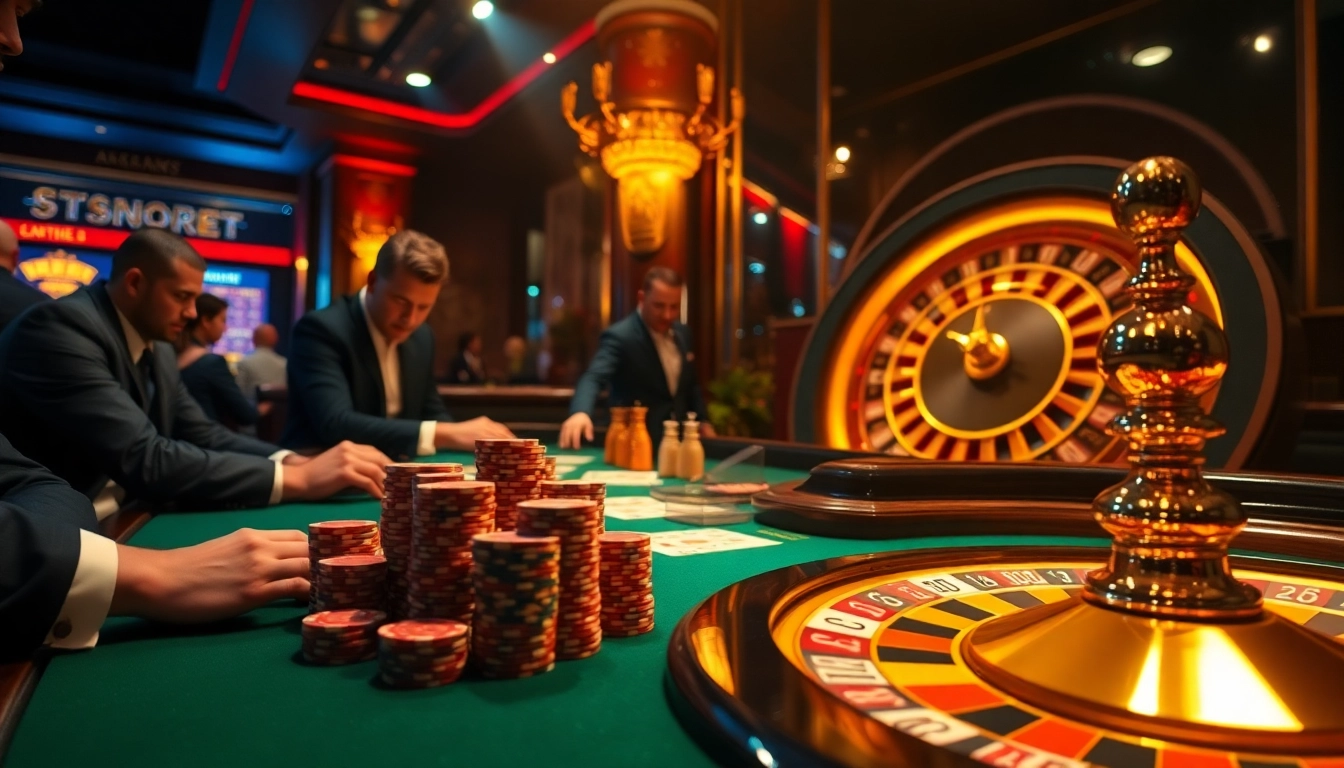 Players engaged in high-stakes poker at a go8 luxury casino table, showcasing excitement and strategy.
