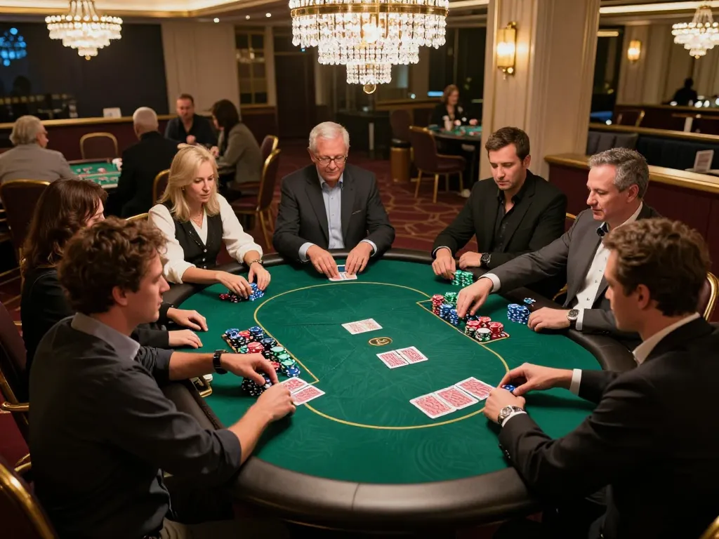 Tubidy users engaged at a luxurious poker table, showcasing vibrant chips and cards while enjoying the casino ambiance.