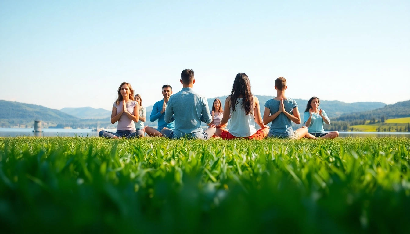 Group meditation for managing stress and anxiety in a serene outdoor setting.