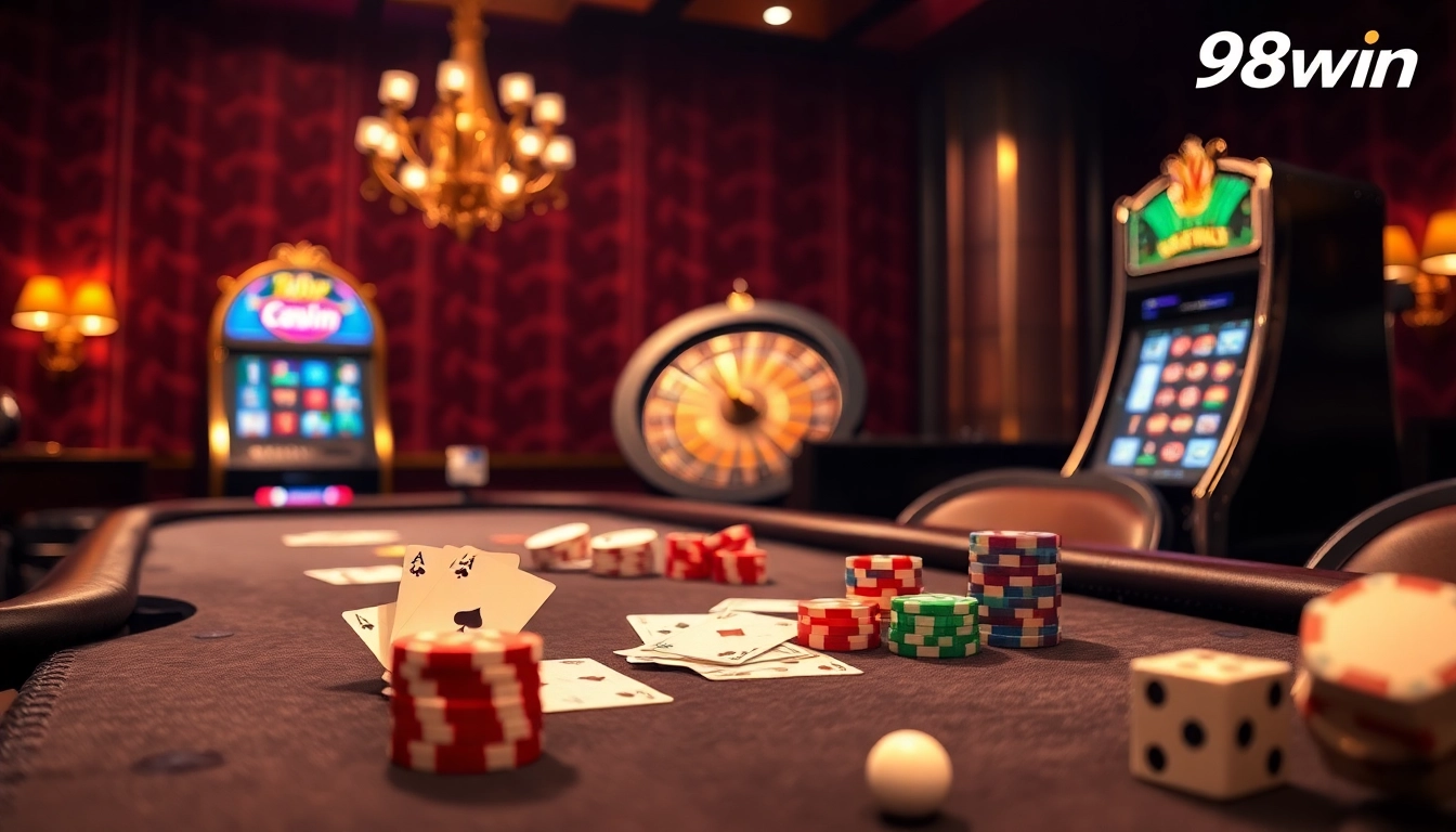Experience thrilling gameplay at 98win with a vibrant poker table, sophisticated ambiance, and strategic winning opportunities.
