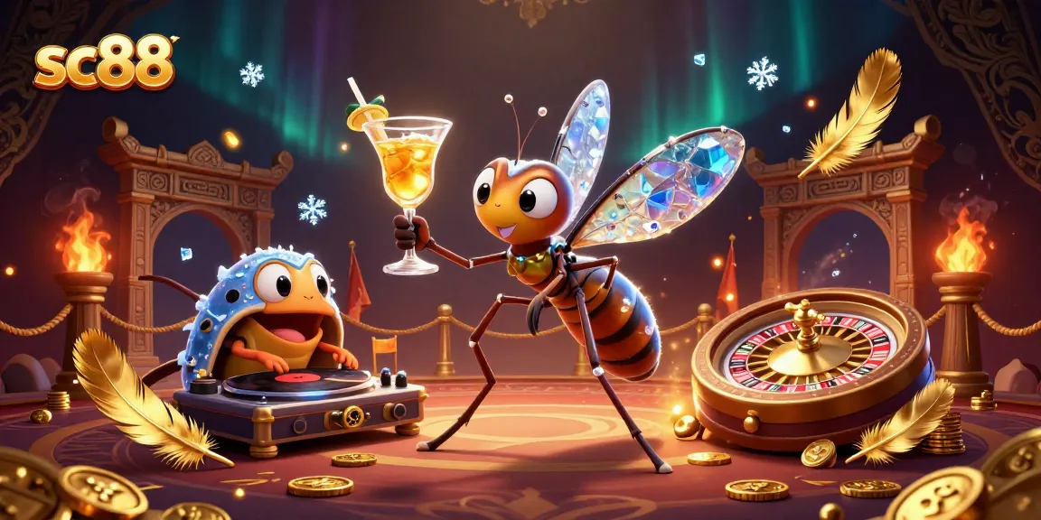Engage in thrilling fun at SC88 with a cartoon mosquito mascot, trilobite DJ, and golden roulette wheel.