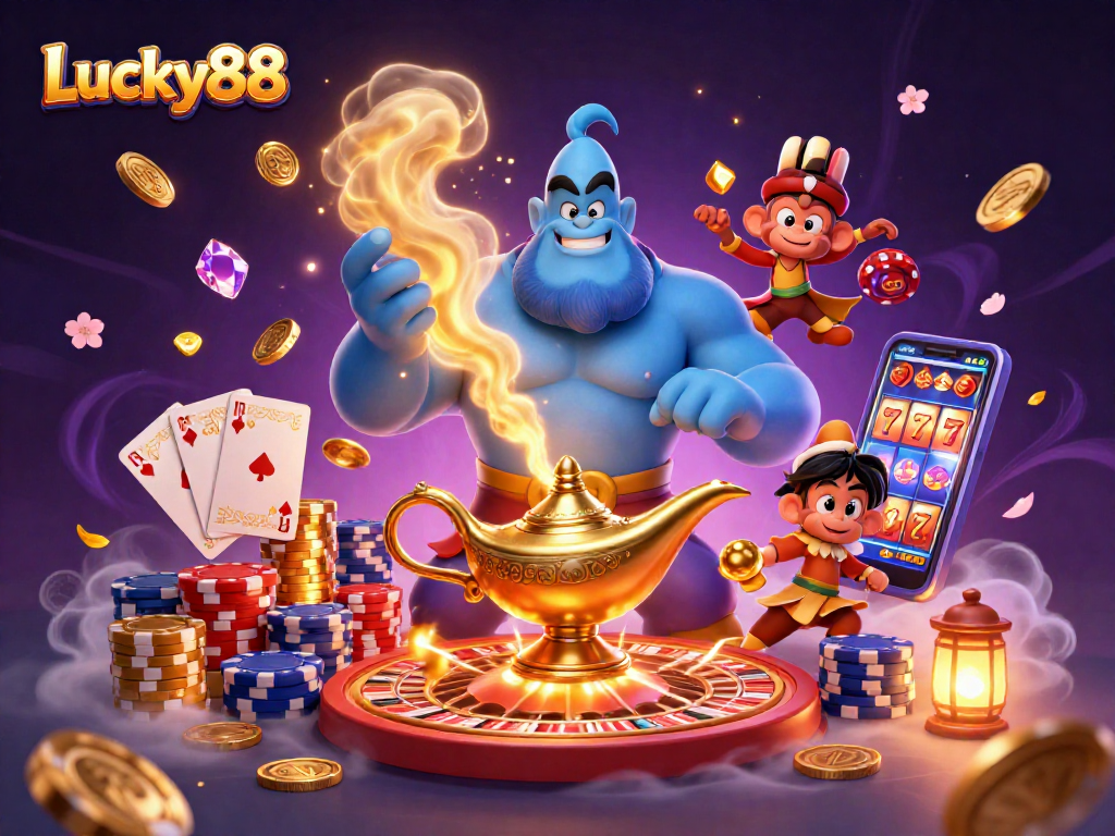 Experience Lucky88 with a magical genie, cards, and captivating casino elements.