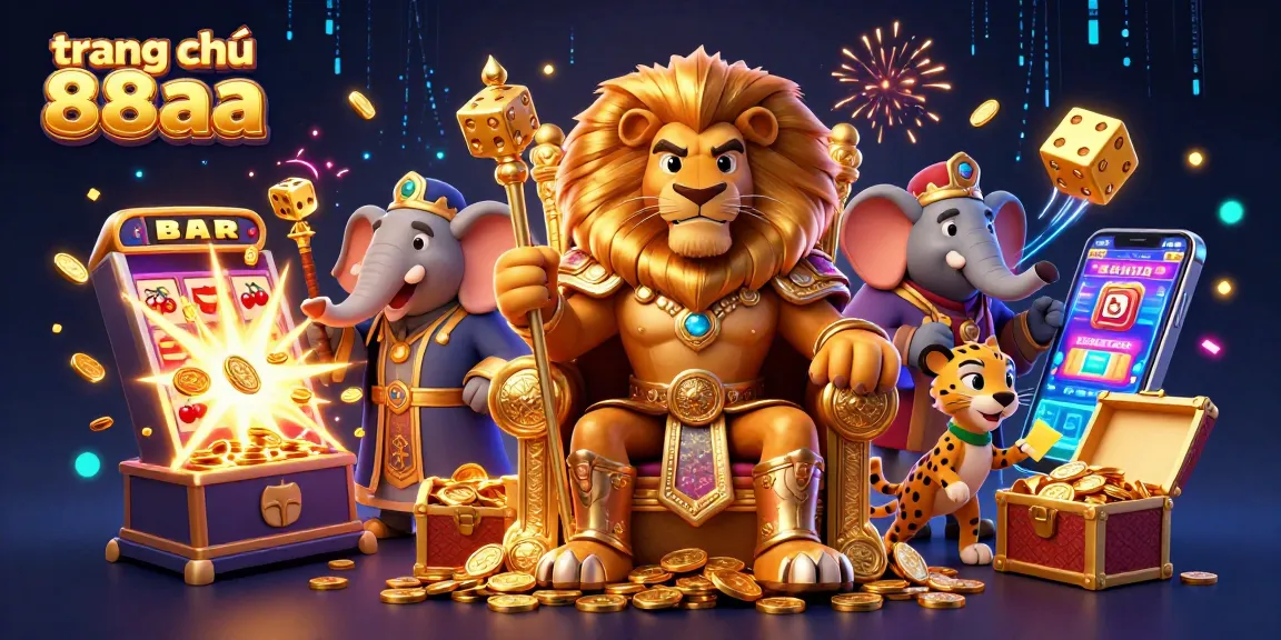 Engage with winning strategies at trang chủ 88aa, featuring a royal lion, elephant advisor, and cheetah messenger amidst vibrant casino graphics.