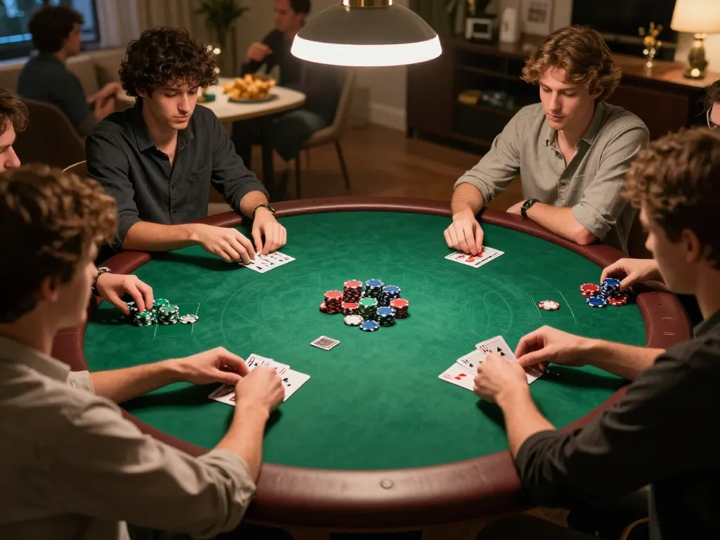 Players enjoying a strategic poker night with TA88 gaming atmosphere, showcasing cards and chips.