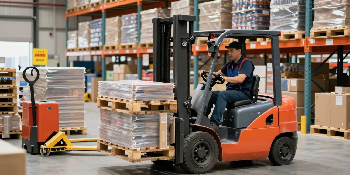 Electric forklift lifting pallets in a busy warehouse, showcasing efficient material handling.