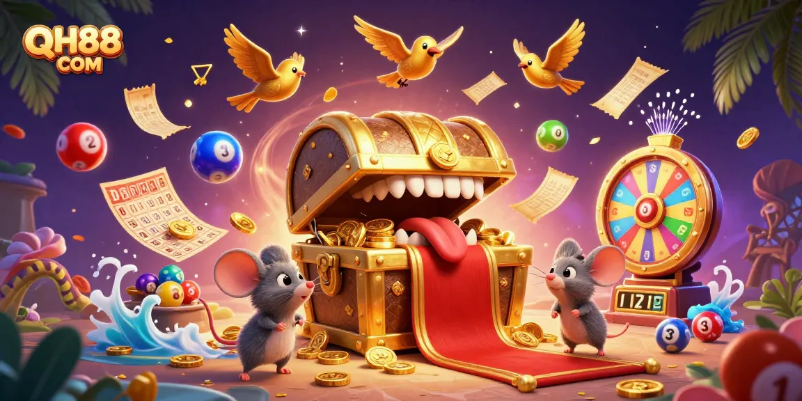Engage in thrilling gameplay at QH88 COM, featuring an enchanting treasure chest and dynamic casino elements.
