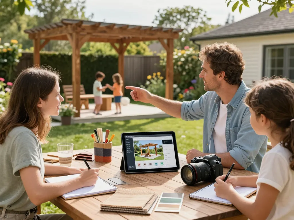 Famiglia che esplora un configuratore software di pergole mentre progetta una pergola nel giardino, circondata da campioni e verde.