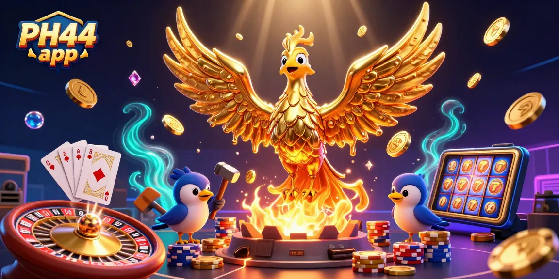 Experience the thrill of winning with the PH44 app, featuring a golden phoenix and casino elements.