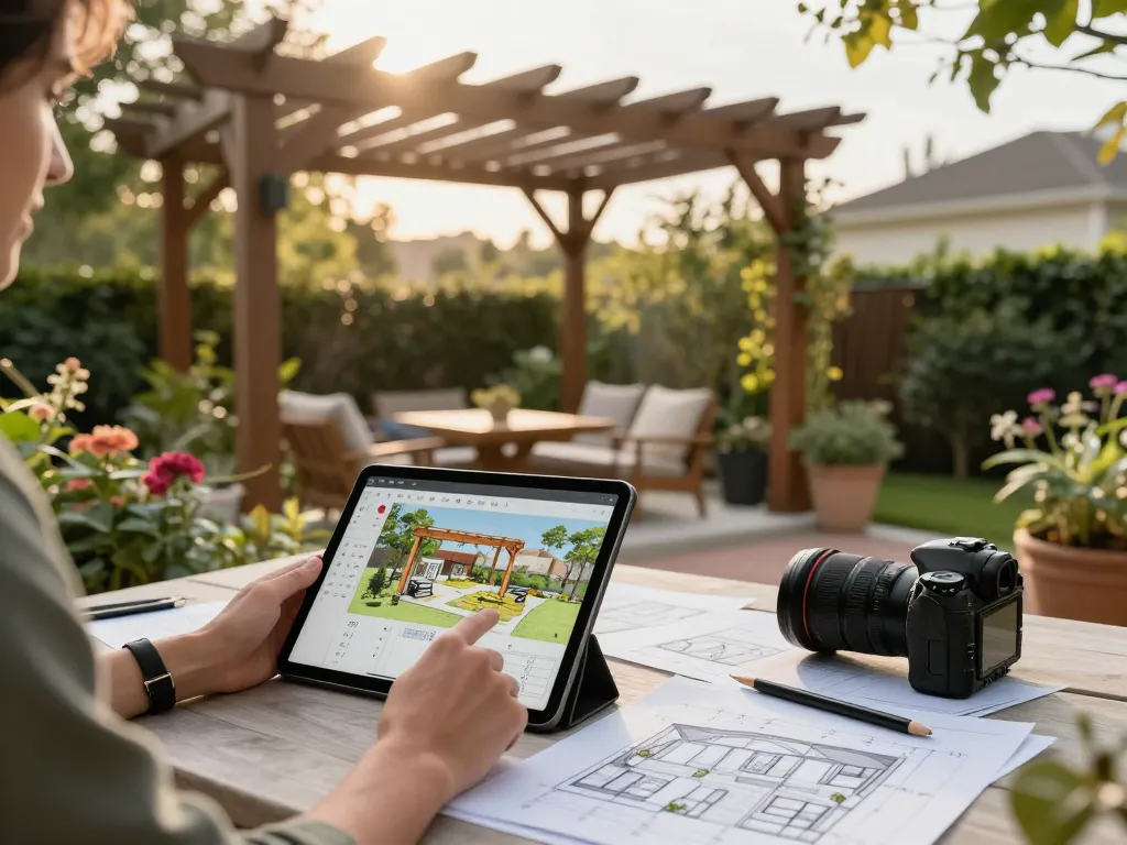 Person using a pergola 3D planner to design an outdoor living space.