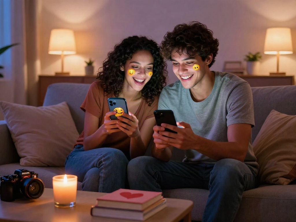 Couple engaged in sexting ai on cozy couch, playful digital interaction highlighted.