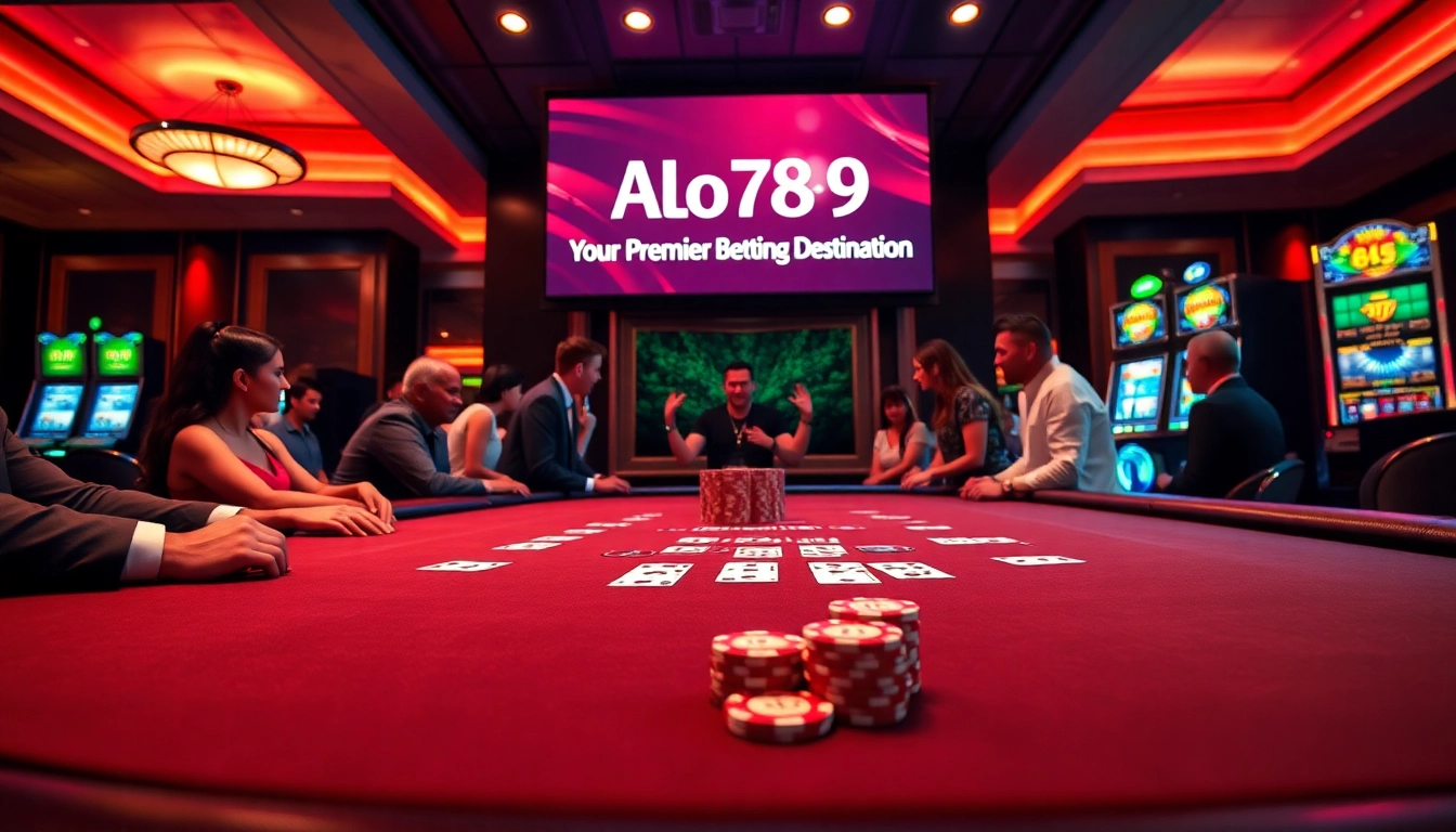 A vibrant casino scene showcasing ALO 789 with a gaming table and engaging players, highlighting the excitement of gambling.