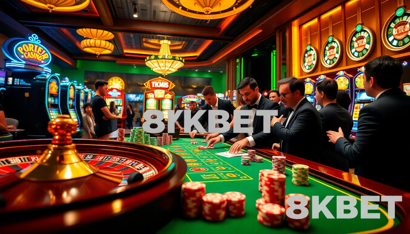 Gamblers enjoying a thrilling gaming experience with 8KBET's vibrant casino atmosphere filled with poker chips and roulette wheels.