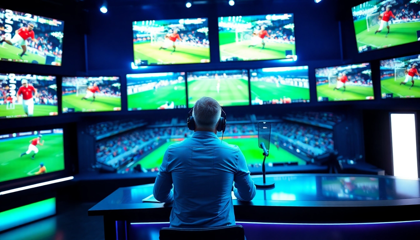 Engaging scene of sports broadcasting setup with presenter and live sports displays.