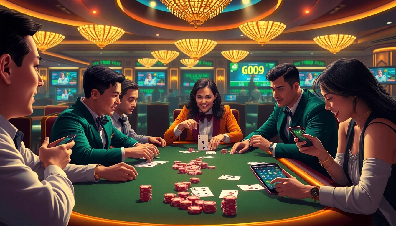 Experience the thrill of the go99 game with players at an upscale casino table, showcasing excitement and strategy.