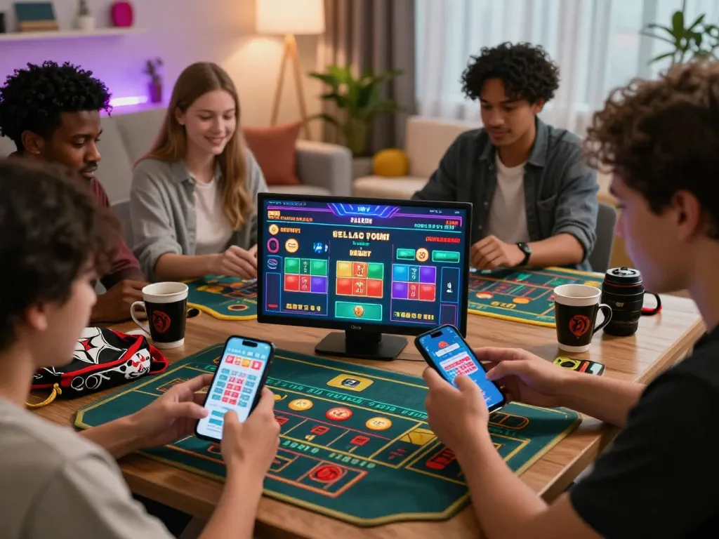 Exciting online gaming atmosphere with players engaged in đánh lô online betting session, highlighting diverse interactions in a vibrant living room setting.