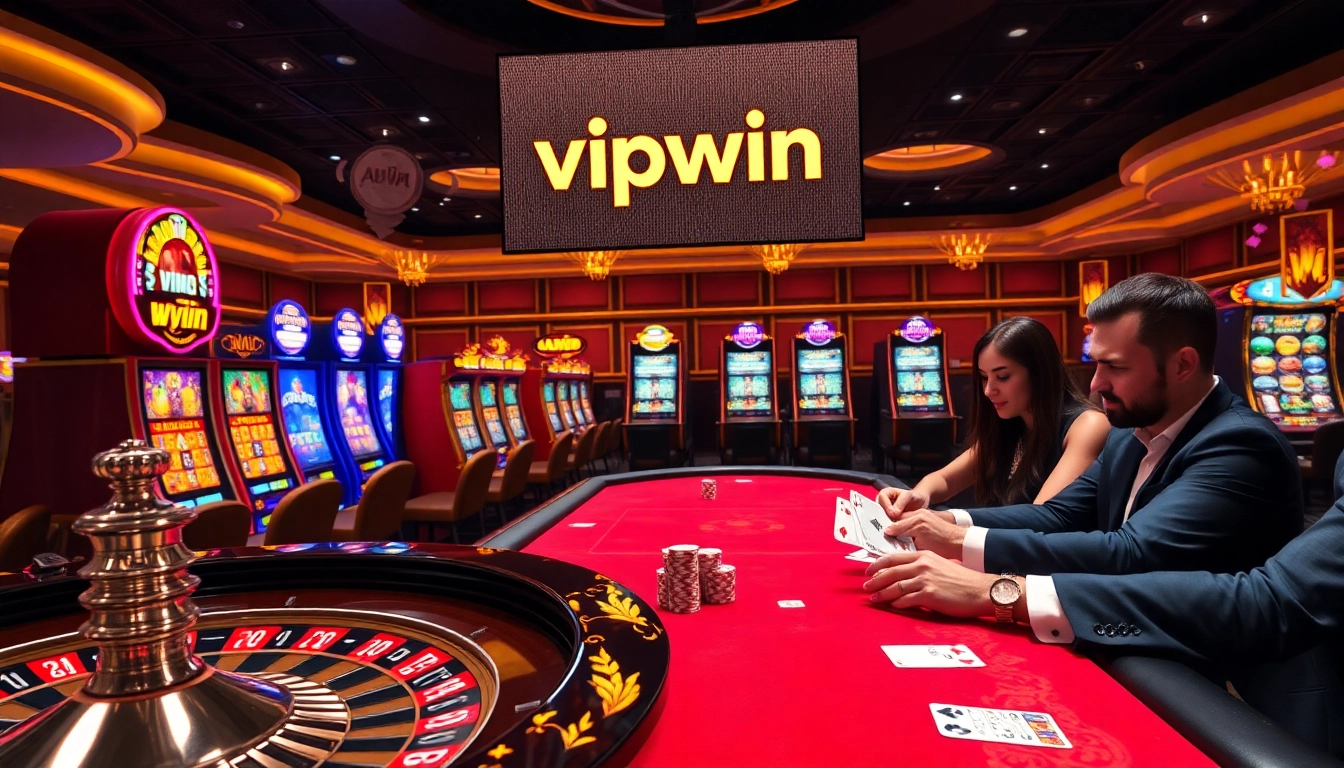 Experience the vibrant gaming atmosphere at vipwin with players at a poker table, roulette, and slots.