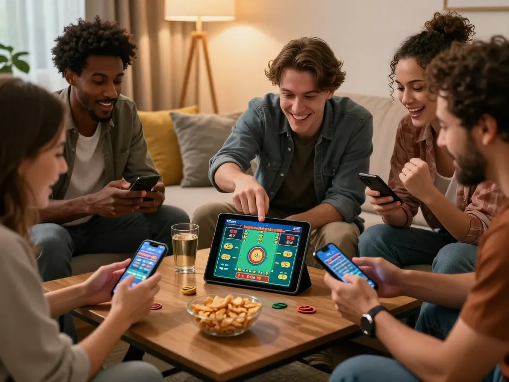 The friends enjoying an online gambling game at home through https://bomwin.jp.net/ with vibrant snacks and cheering moments.