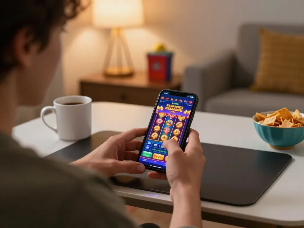 Engaging in mobile casino gameplay with DA88 app on smartphone in stylish setting