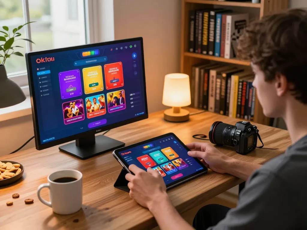 Engaging in online gaming at home on okfun with vibrant app interface and cozy atmosphere.